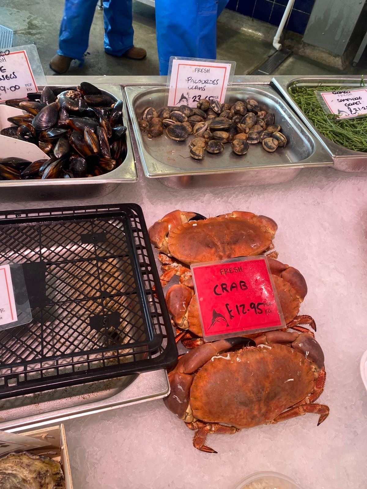 Fresh seafood and shellfish at the fish counter